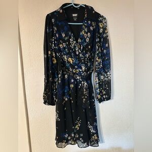 DKNY Dress Floral Black/Gold Sheer Long Sleeve Faux Wrap Tie Waist Lined Size 8
